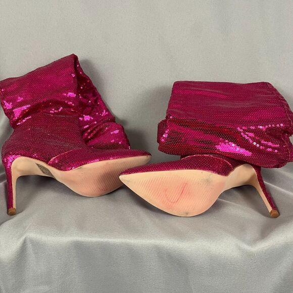 Womens Knee High Boots 6 Metallic Pink Sequin Pointed Toe Stiletto Heel Side Zip - Picture 6 of 11
